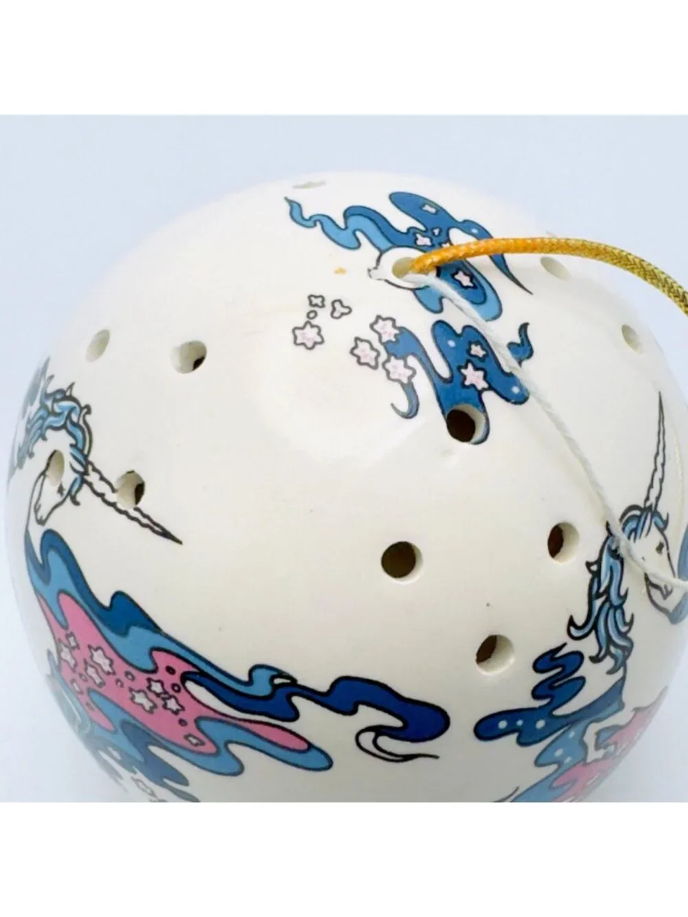 Unicorn Hand-Painted Ceramic Potpourri Ball Vtg Ornament Retro 1980s Fantasy 3
